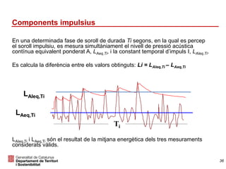 En una determinada fase de soroll de durada Ti segons, en la qual es percep
el soroll impulsiu, es mesura simultàniament el nivell de pressió acústica
contínua equivalent ponderat A, LAeq,Ti, i la constant temporal d’impuls I, LAleq,Ti.
Es calcula la diferència entre els valors obtinguts: Li = LAleq,Ti – LAeq,Ti
LAIeq,Ti i LAeq,Ti són el resultat de la mitjana energètica dels tres mesuraments
considerats vàlids.
LAIeq,Ti
Ti
LAeq,Ti
Components impulsius
36
 