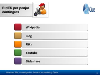 EINES per penjar continguts Wikipedia Flik’r Youtube Slideshare Blog 