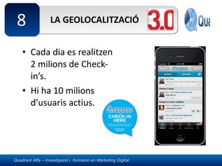 LA GEOLOCALITZACIÓ Cada dia es realitzen 2 milions de Check-in’s. Hi ha 10 milions d’usuaris actius. 