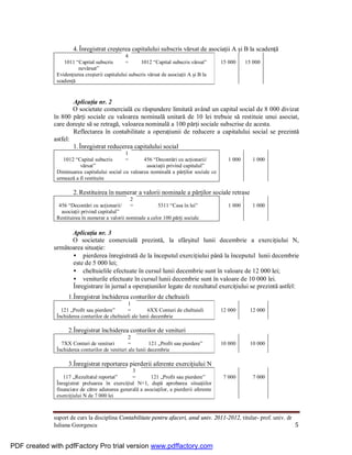 4. Înregistrat creşterea capitalului subscris vărsat de asociaţii A şi B la scadenţă
                                               4
                 1011 “Capital subscris        =      1012 “Capital subscris vărsat”      15 000     15 000
                        nevărsat”
              Evidenţierea creşterii capitalului subscris vărsat de asociaţii A şi B la
              scadenţă


                     Aplicaţia nr. 2
                     O societate comercială cu răspundere limitată având un capital social de 8 000 divizat
             în 800 părţi sociale cu valoarea nominală unitară de 10 lei trebuie să restituie unui asociat,
             care doreşte să se retragă, valoarea nominală a 100 părţi sociale subscrise de acesta.
                     Reflectarea în contabilitate a operaţiunii de reducere a capitalului social se prezintă
             astfel:
                     1. Înregistrat reducerea capitalului social
                                             1
                 1012 “Capital subscris      =       456 “Decontări cu acţionarii/           1 000      1 000
                        vărsat”                       asociaţii privind capitalul”
              Diminuarea capitalului social cu valoarea nominală a părţilor sociale ce
              urmează a fi restituite

                      2. Restituirea în numerar a valorii nominale a părţilor sociale retrase
                                                 2
               456 “Decontări cu acţionarii/     =           5311 “Casa în lei”              1 000      1 000
                asociaţii privind capitalul”
              Restituirea în numerar a valorii nominale a celor 100 părţi sociale

                   Aplicaţia nr. 3
                   O societate comercială prezintă, la sfârşitul lunii decembrie a exerciţiului N,
             următoarea situaţie:
                   • pierderea înregistrată de la începutul exerciţiului până la începutul lunii decembrie
                   este de 5 000 lei;
                   • cheltuielile efectuate în cursul lunii decembrie sunt în valoare de 12 000 lei;
                   • veniturile efectuate în cursul lunii decembrie sunt în valoare de 10 000 lei.
                   Înregistrare în jurnal a operaţiunilor legate de rezultatul exerciţiului se prezintă astfel:
                   1.Înregistrat închiderea conturilor de cheltuieli
                                               1
                121 „Profit sau pierdere”      =          6XX Conturi de cheltuieli       12 000      12 000
              Închiderea conturilor de cheltuieli ale lunii decembrie

                   2.Înregistrat închiderea conturilor de venituri
                                                2
                7XX Conturi de venituri         =         121 „Profit sau pierdere”       10 000      10 000
              Închiderea conturilor de venituri ale lunii decembrie

                   3.Înregistrat reportarea pierderii aferente exerciţiului N
                                                3
                 117 „Rezultatul reportat”      =        121 „Profit sau pierdere”         7 000        7 000
              Înregistrat preluarea în exerciţiul N+1, după aprobarea situaţiilor
              financiare de către adunarea generală a asociaţilor, a pierderii aferente
              exerciţiului N de 7 000 lei



             suport de curs la disciplina Contabilitate pentru afaceri, anul univ. 2011-2012, titular- prof. univ. dr
             Iuliana Georgescu                                                                                        5


PDF created with pdfFactory Pro trial version www.pdffactory.com
 