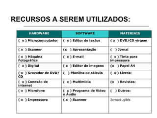 RECURSOS A SEREM UTILIZADOS: Jornais ,gibis  ( x  ) Scanner ( x  ) Impressora (  ) Outros: (  x ) Programa de Vídeo e Áudio ( x  ) Microfone (x  ) Revistas: (  x ) Multimídia (  x ) Conexão de internet (  x ) Livros: (  ) Planilha de cálculo ( x  ) Gravador de DVD/CD (x  ) Papel A4 ( x  ) Editor de imagens (  x ) Digital (  x ) Tinta para impressora (  x ) E-mail ( x  ) Máquina Fotográfica (  ) Jornal (x  ) Apresentação ( x  ) Scanner ( x  ) DVD/CD virgem (  x ) Editor de textos (  x ) Microcomputador  MATERIAIS SOFTWARE HARDWARE 