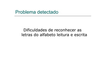 Problema detectado  Dificuldades de reconhecer as letras do alfabeto leitura e escrita 