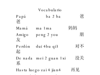 Vocabulario Pap ba 2 ba   ְ Mam ma 1ma    Amigo peng 2 you    Perdn dui 4bu qi3  Բ De nada mei 2 guan 1xi  ûϵ Hasta luego zai 4 jian4   ټ Propiedad  de   Ella es mi mam  ҵ Ta shi4 wo3 de ma1ma 