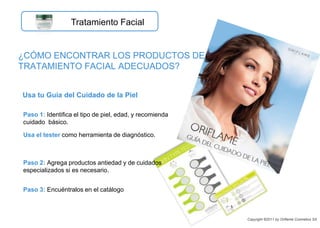 Usa tu Guía del Cuidado de la Piel
¿CÓMO ENCONTRAR LOS PRODUCTOS DE
TRATAMIENTO FACIAL ADECUADOS?
Paso 1: Identifica el tipo de piel, edad, y recomienda
cuidado básico.
Usa el tester como herramienta de diagnóstico.
Paso 2: Agrega productos antiedad y de cuidados
especializados si es necesario.
Paso 3: Encuéntralos en el catálogo
Copyright ©2011 by Oriflame Cosmetics SA
Tratamiento Facial
 