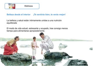 Belleza desde el interior ¡Te sentirás bien, te verás mejor!
La belleza y salud están íntimamente unidas a una nutrición
equilibrada
El modo de vida actual, estresante y ocupado, trae consigo menos
tiempo para alimentarse apropiadamente.
Wellness
Copyright ©2011 by Oriflame Cosmetics SA
 