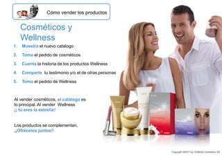 1. Muestra el nuevo catálogo
2. Toma el pedido de cosméticos
3. Cuenta la historia de los productos Wellness
4. Comparte tu testimonio y/o el de otras personas
5. Toma el pedido de Wellness
Cosméticos y
Wellness
Al vender cosméticos, el catálogo es
lo principal. Al vender Wellness
¡¡ tú eres la estrella!!
Los productos se complementan,
¡¡Ofrécelos juntos!!
Cómo vender los productos
Copyright ©2011 by Oriflame Cosmetics SA
 