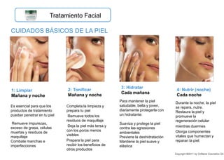 CUIDADOS BÁSICOS DE LA PIEL
Es esencial para que los
productos de tratamiento
puedan penetrar en tu piel
Remueve impurezas,
exceso de grasa, células
muertas y residuos de
maquillaje
Combate manchas e
imperfecciones
1: Limpiar
Mañana y noche
Completa la limpieza y
prepara tu piel
Remueve todos los
residuos de maquillaje
Deja la piel más tersa y
con los poros menos
visibles
Prepara la piel para
recibir los beneficios de
otros productos
2: Tonificar
Mañana y noche
Para mantener la piel
saludable, bella y joven,
diariamente protegerla con
un hidratante:
Suaviza y protege la piel
contra las agresiones
ambientales
Previene la deshidratación
Mantiene la piel suave y
elástica
3: Hidratar
Cada mañana
Durante la noche, la piel
se repara, nutre.
Restaura la piel y
promueve la
regeneración celular
mientras duermes
Otorga componentes
vitales que humectan y
reparan la piel.
4: Nutrir (noche)
Cada noche
Tratamiento Facial
Copyright ©2011 by Oriflame Cosmetics SA
 