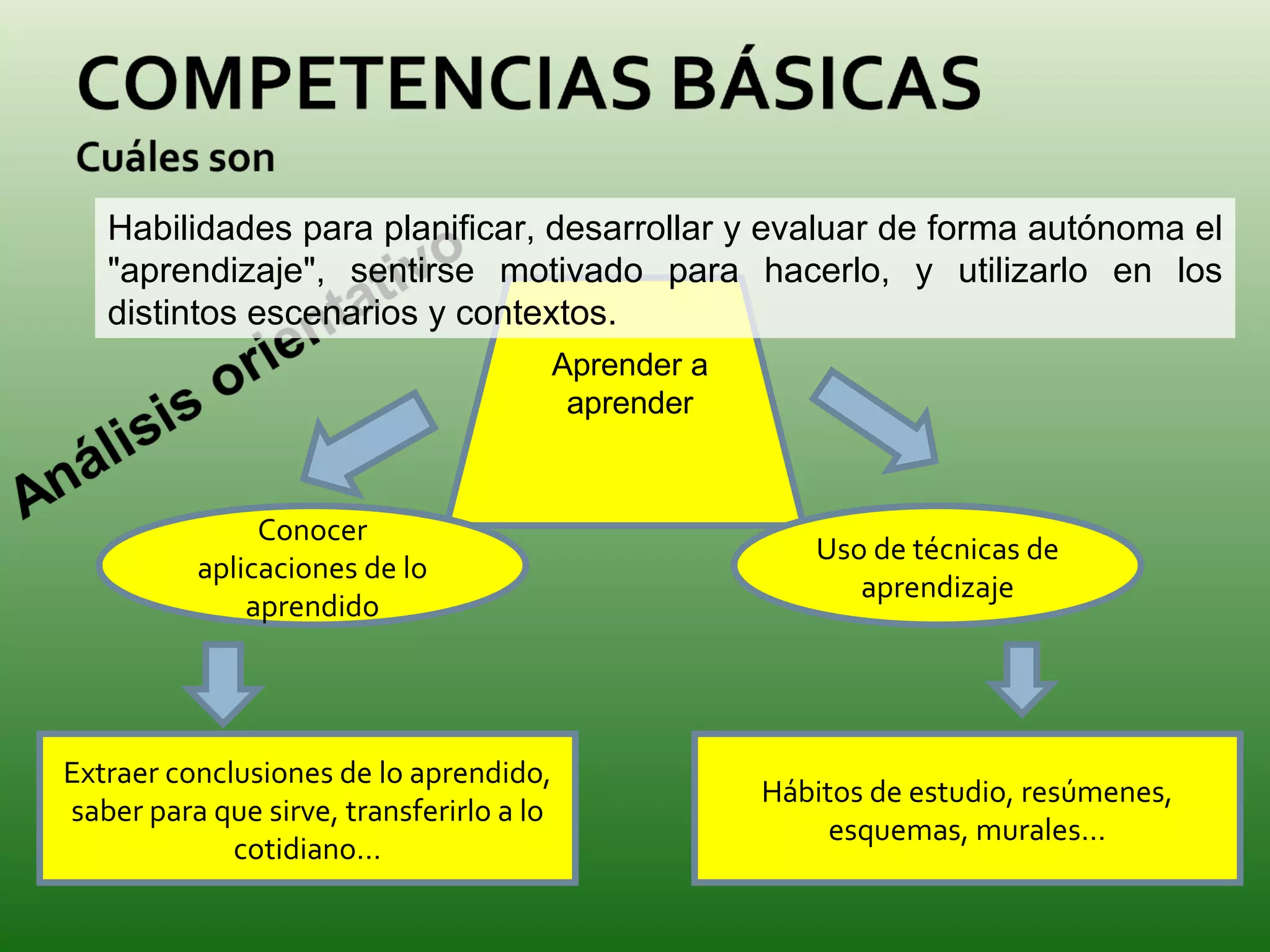 Conocer aplicaciones de lo aprendido Uso de técnicas de aprendizaje Extraer conclusiones de lo aprendido, saber para que sirve, transferirlo a lo cotidiano… Hábitos de estudio, resúmenes, esquemas, murales… Aprender a aprender Habilidades para planificar, desarrollar y evaluar de forma autónoma el "aprendizaje", sentirse motivado para hacerlo, y utilizarlo en los distintos escenarios y contextos. 