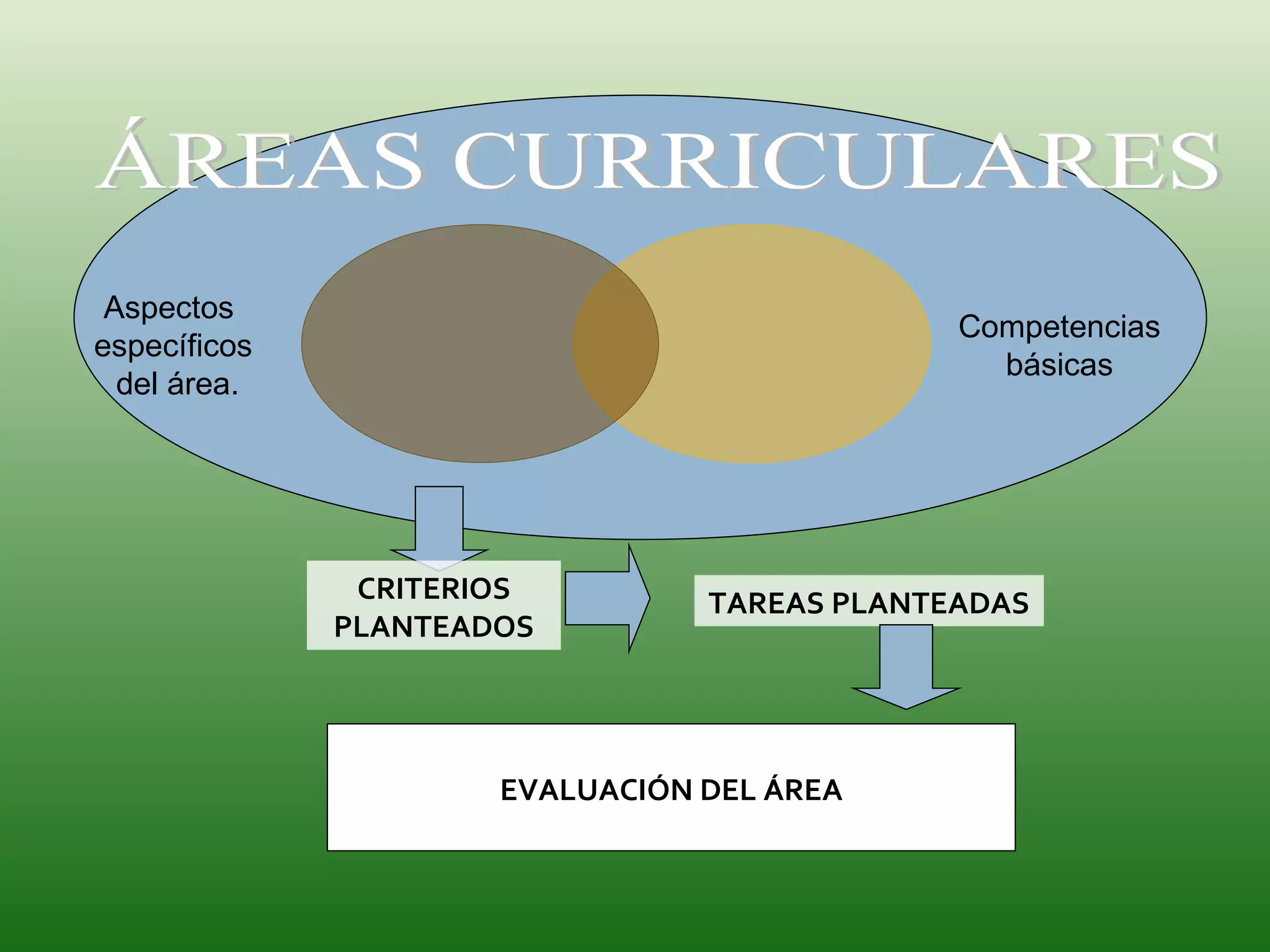 TAREAS PLANTEADAS CRITERIOS PLANTEADOS EVALUACIÓN DEL ÁREA ÁREAS CURRICULARES Competencias básicas Aspectos  específicos del área. 