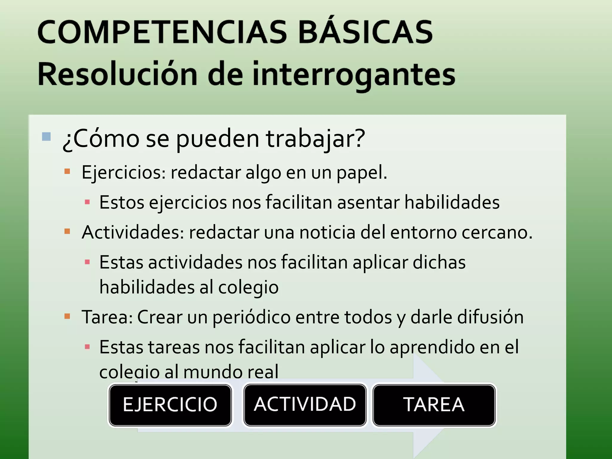 ¿Cómo se pueden trabajar? Ejercicios: redactar algo en un papel. Estos ejercicios nos facilitan asentar habilidades Actividades: redactar una noticia del entorno cercano. Estas actividades nos facilitan aplicar dichas habilidades al colegio Tarea: Crear un periódico entre todos y darle difusión  Estas tareas nos facilitan aplicar lo aprendido en el colegio al mundo real 