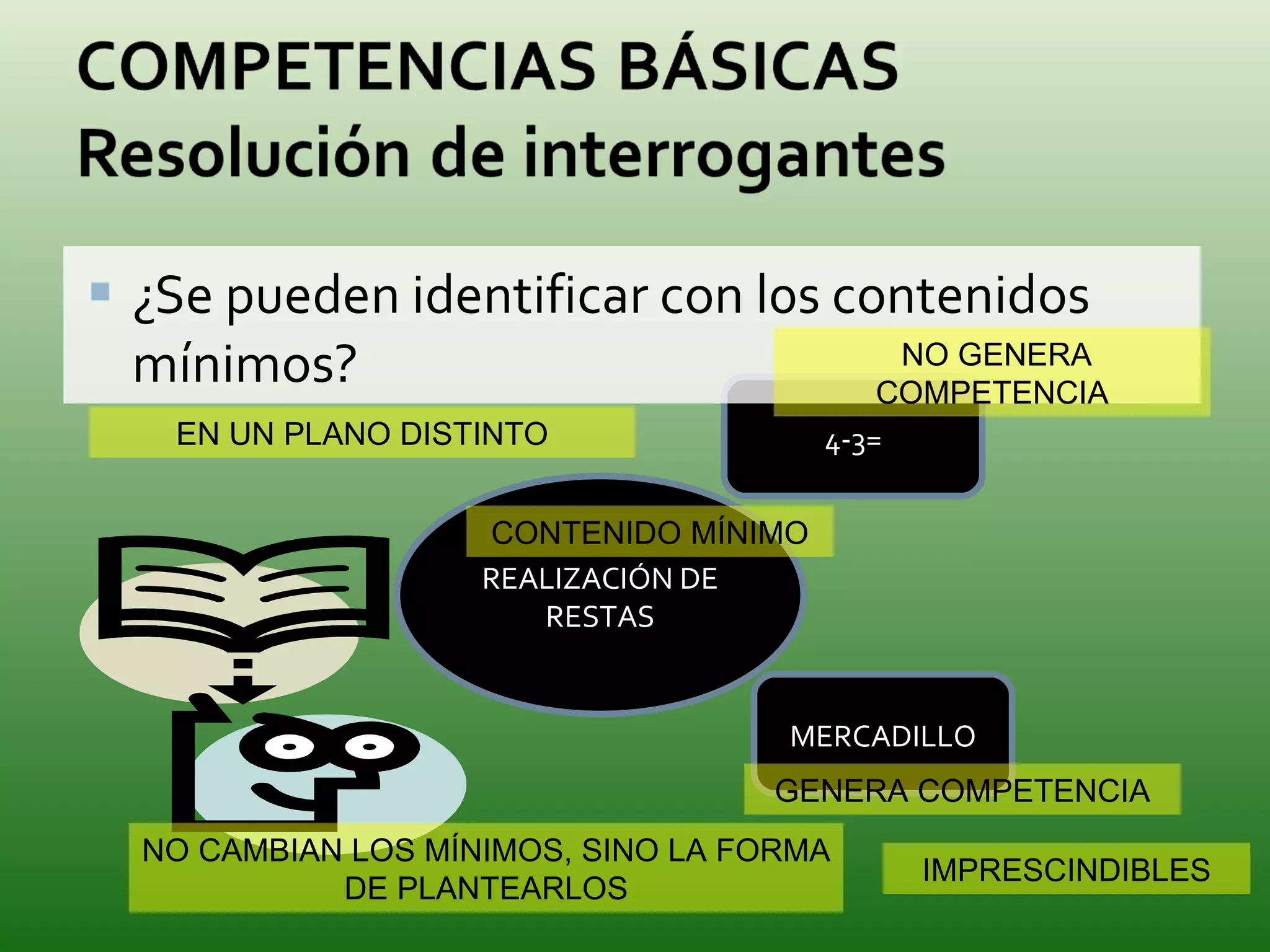 ¿Se pueden identificar con l0s contenidos mínimos?  MERCADILLO 4-3= REALIZACIÓN DE RESTAS CONTENIDO MÍNIMO GENERA COMPETENCIA EN UN PLANO DISTINTO NO CAMBIAN LOS MÍNIMOS, SINO LA FORMA DE PLANTEARLOS IMPRESCINDIBLES NO GENERA COMPETENCIA 