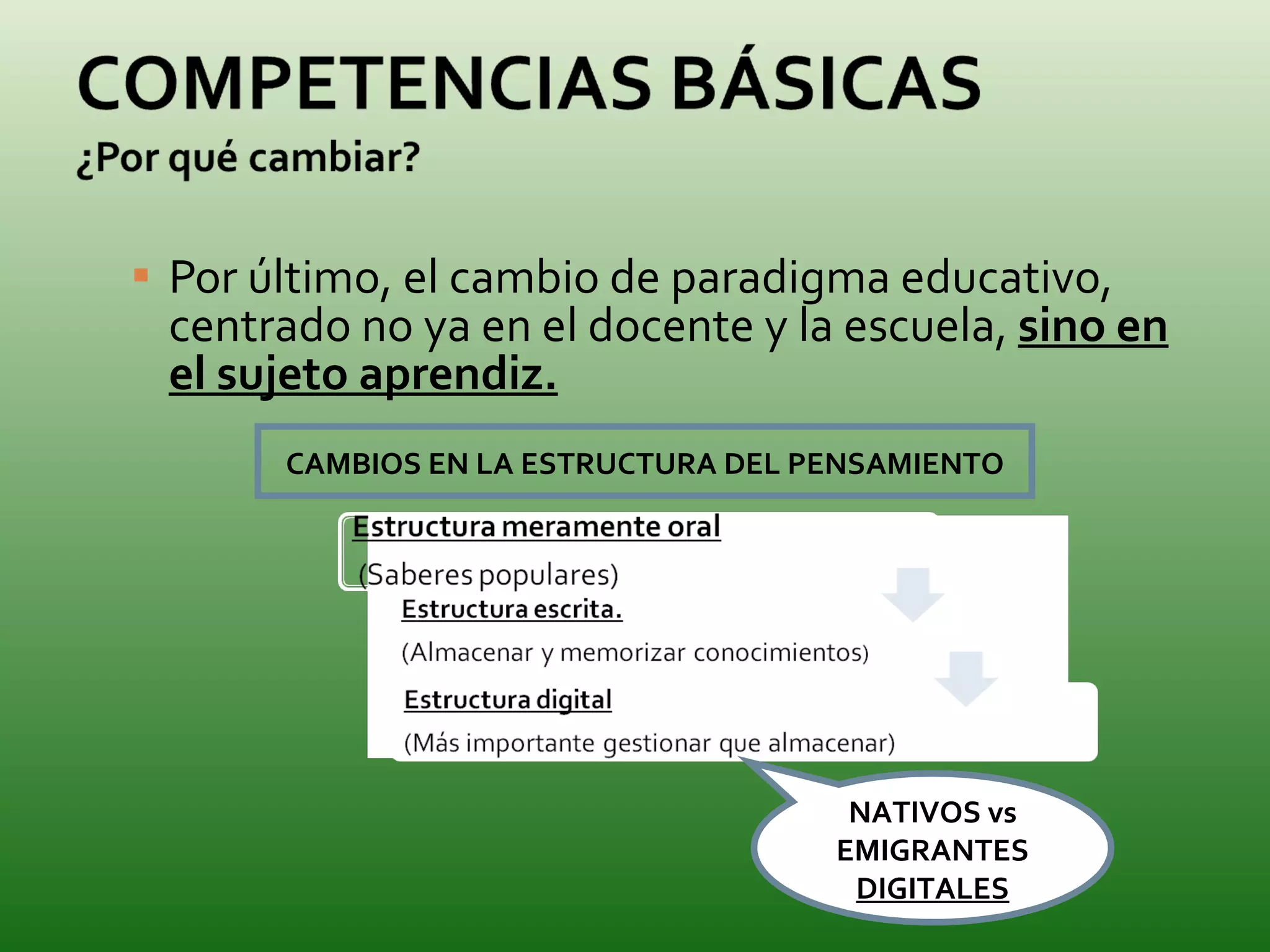 Por último, el cambio de paradigma educativo, centrado no ya en el docente y la escuela,  sino en el sujeto aprendiz. CAMBIOS EN LA ESTRUCTURA DEL PENSAMIENTO NATIVOS vs EMIGRANTES  DIGITALES 