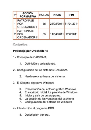 ACCIÓN
Nº             HORAS INICIO        FIN
   FORMATIVA
  PATRONAJE
1 POR            55 28/02/2011 11/04/2011
  ORDENADOR I
  PATRONAJE
2 POR            55 11/04/2011 1/06/2011
  ORDENADOR II

Contenidos:

Patronaje por Ordenador I:

1.- Concepto de CAD/CAM.

     1.   Definición y aplicaciones.

2.- Configuración de los sistemas CAD/CAM.

     2.   Hardware y software del sistema.

3.- El Sistema operativo Windows

     3.   Presentación del entorno gráfico Windows
     4.   El escritorio inicial. La pantalla de Windows
     5.   Iniciar y salir de un programa.
     6.   La gestión de las ventanas del escritorio
     7.   Configuración del entorno de Windows

4.- Introducción al programa PGS.

     8.   Descripción general.
 
