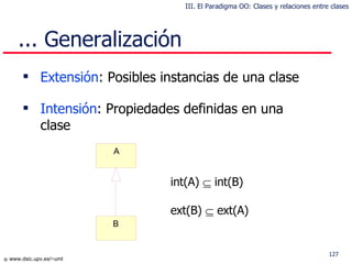 Extensión : Posibles instancias de una clase Intensión : Propiedades definidas en una clase ... Generalización int(A)    int(B) ext(B)    ext(A)  III. El Paradigma OO: Clases y relaciones entre clases 