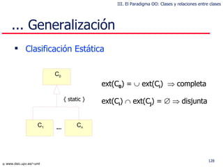 Clasificación Estática ... Generalización ext(C 0 ) =    ext(C i )    completa ext(C i )    ext(C j ) =       disjunta C 0 C 1 C n { static } III. El Paradigma OO: Clases y relaciones entre clases 