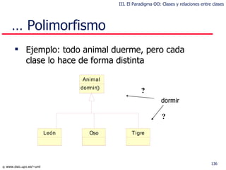 …  Polimorfismo Ejemplo: todo animal duerme, pero cada clase lo hace de forma distinta dormir ? ? III. El Paradigma OO: Clases y relaciones entre clases 