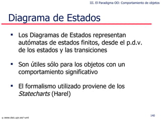 Diagrama de Estados Los Diagramas de Estados representan autómatas de estados finitos, desde el p.d.v. de los estados y las transiciones Son  útil es  sólo para los objetos con un comportamiento significativo El formalismo  utilizado proviene  de los  Statecharts  (Harel) III. El Paradigma OO: Comportamiento de objetos 