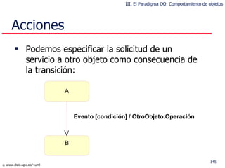Podemos especificar la solicitud de un servicio a otro objeto como consecuencia de la transición: Acciones A B Evento [condición] / OtroObjeto.Operación III. El Paradigma OO: Comportamiento de objetos 