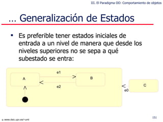 Es preferible tener estados iniciales de entrada a un nivel de manera que desde los niveles superiores no se sepa a qué subestado se entra: …  Generalización de Estados C a b A B e1 e2 e1 e0 III. El Paradigma OO: Comportamiento de objetos 