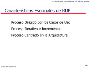 Características Esenciales de RUP  Proceso Dirigido por los Casos de Uso Proceso Iterativo e Incremental Proceso Centrado en la Arquitectura IV. Proceso de Desarrollo de SW basado en UML 