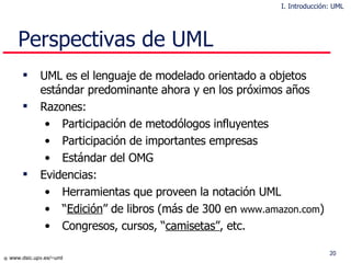 Perspectivas de UML UML es el lenguaje de model ado orientado a  objetos estándar predominante ahora y en los próximos años Razones: Participación de metodólogos influyentes Participación de importantes empresas Estándar del OMG Evidencias: Herramientas que proveen la notación UML “ Edición ” de libros (más de 300 en  www.amazon.com ) Congresos, cursos, “ camisetas” , etc. I. Introducción: UML 