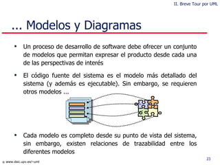 Un proceso de desarrollo de software debe ofrecer un conjunto de modelos que permitan expresar el producto desde cada una de las perspectivas de interés El código fuente del sistema es el modelo más detallado del sistema (y además es ejecutable). Sin embargo, se requieren otros modelos ... Cada modelo es completo desde su punto de vista del sistema, sin embargo, existen relaciones de trazabilidad entre los diferentes modelos ... Modelos y Diagramas II. Breve Tour por UML 