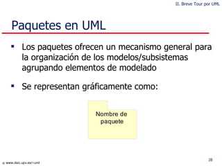 Paquetes en UML Los paquetes ofrecen un mecanismo general para la  organización  de los  m odelos /subsistemas  agrupa ndo  elementos de modelado Se representan gráficamente como: II. Breve Tour por UML 
