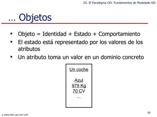 …  Objetos Objeto = Identidad + Estado + Comportamiento El estado está representado por los valores de los atributos Un atributo toma un valor en un dominio concreto III. El Paradigma OO: Fundamentos de Modelado OO 