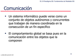 Comunicación Un sistema informático puede verse como un conjunto de objetos autónomos y concurrentes que trabajan de manera  coordinada  en la consecución de un fin específico El comportamiento global se basa pues en la comunicación entre los objetos que la componen III. El Paradigma OO: Fundamentos de Modelado OO 