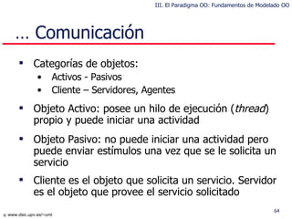 …  Comunicación Categorías de  objetos : Act ivos - Pasivos Cliente –  Servidores ,  Agentes Objeto Activo:   p osee un hilo de ejecución ( thread )  propio y puede iniciar una actividad Objeto Pasivo:   no puede iniciar una actividad pero puede enviar estímulos una vez que se le solicita un servicio Cliente es el objeto que solicita un servicio.  Servidor  es el objeto que provee el servicio solicitado III. El Paradigma OO: Fundamentos de Modelado OO 