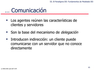 …  Comunicación Los agentes reúnen las características de  clientes  y servidores Son la base del mecanismo de  delegación Introducen indirección: un cliente puede comunicarse con un servidor que no conoce directamente III. El Paradigma OO: Fundamentos de Modelado OO 