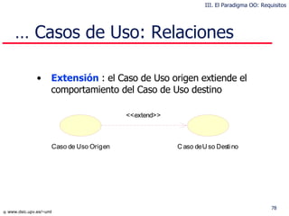 …  Casos de Uso: Relaciones Extensión   : el Caso de Uso origen extiende el comportamiento del Caso de Uso destino III. El Paradigma OO: Requisitos 