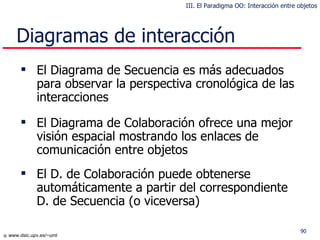 Diagramas de interacción El  Diagrama de Secuencia  es más adecuados  para  observar la perspectiva cronológica de las  interacciones El  Diagrama de Colaboración  ofrece una mejor visión espacial mostrando los enlaces de comunicación entre objetos El  D. de Colaboración  puede  obte nerse  a utomáticamente a  partir del correspondiente D. de Secuencia  (o viceversa) III. El Paradigma OO: Interacción entre objetos 
