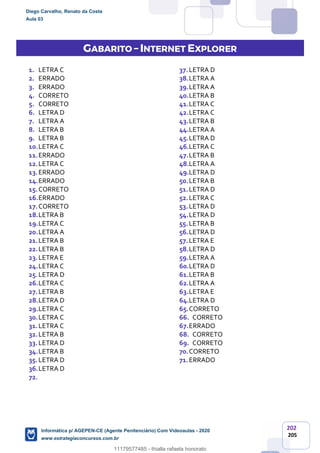 202
205
GABARITO – INTERNET EXPLORER
1. LETRA C
2. ERRADO
3. ERRADO
4. CORRETO
5. CORRETO
6. LETRA D
7. LETRA A
8. LETRA B
9. LETRA B
10.LETRA C
11.ERRADO
12.LETRA C
13.ERRADO
14.ERRADO
15.CORRETO
16.ERRADO
17.CORRETO
18.LETRA B
19.LETRA C
20.LETRA A
21.LETRA B
22.LETRA B
23.LETRA E
24.LETRA C
25.LETRA D
26.LETRA C
27.LETRA B
28.LETRA D
29.LETRA C
30.LETRA C
31.LETRA C
32.LETRA B
33.LETRA D
34.LETRA B
35.LETRA D
36.LETRA D
37.LETRA D
38.LETRA A
39.LETRA A
40.LETRA B
41.LETRA C
42.LETRA C
43.LETRA B
44.LETRA A
45.LETRA D
46.LETRA C
47.LETRA B
48.LETRA A
49.LETRA D
50.LETRA B
51.LETRA D
52.LETRA C
53.LETRA D
54.LETRA D
55.LETRA B
56.LETRA D
57.LETRA E
58.LETRA D
59.LETRA A
60.LETRA D
61.LETRA B
62.LETRA A
63.LETRA E
64.LETRA D
65.CORRETO
66. CORRETO
67.ERRADO
68. CORRETO
69. CORRETO
70.CORRETO
71.ERRADO
72.
Diego Carvalho, Renato da Costa
Aula 03
Informática p/ AGEPEN-CE (Agente Penitenciário) Com Videoaulas - 2020
www.estrategiaconcursos.com.br
1380771
11179577485 - thialla rafaela honorato
 