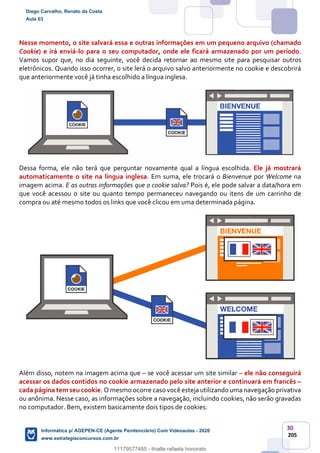 30
205
Nesse momento, o site salvará essa e outras informações em um pequeno arquivo (chamado
Cookie) e irá enviá-lo para o seu computador, onde ele ficará armazenado por um período.
Vamos supor que, no dia seguinte, você decida retornar ao mesmo site para pesquisar outros
eletrônicos. Quando isso ocorrer, o site lerá o arquivo salvo anteriormente no cookie e descobrirá
que anteriormente você já tinha escolhido a língua inglesa.
Dessa forma, ele não terá que perguntar novamente qual a língua escolhida. Ele já mostrará
automaticamente o site na língua inglesa. Em suma, ele trocará o Bienvenue por Welcome na
imagem acima. E as outras informações que o cookie salva? Pois é, ele pode salvar a data/hora em
que você acessou o site ou quanto tempo permaneceu navegando ou itens de um carrinho de
compra ou até mesmo todos os links que você clicou em uma determinada página.
Além disso, notem na imagem acima que – se você acessar um site similar – ele não conseguirá
acessar os dados contidos no cookie armazenado pelo site anterior e continuará em francês –
cada página tem seu cookie. O mesmo ocorre caso você esteja utilizando uma navegação privativa
ou anônima. Nesse caso, as informações sobre a navegação, incluindo cookies, não serão gravadas
no computador. Bem, existem basicamente dois tipos de cookies:
Diego Carvalho, Renato da Costa
Aula 03
Informática p/ AGEPEN-CE (Agente Penitenciário) Com Videoaulas - 2020
www.estrategiaconcursos.com.br
1380771
11179577485 - thialla rafaela honorato
 