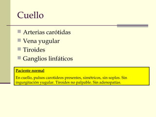 Cuello
 Arterias carótidas
 Vena yugular
 Tiroides
 Ganglios linfáticos
Paciente normal
En cuello, pulsos carotideos presentes, simétricos, sin soplos. Sin
ingurgitación yugular. Tiroides no palpable. Sin adenopatías.
 