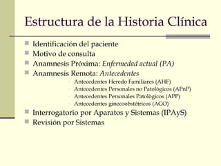Estructura de la Historia Clínica
 Identificación del paciente
 Motivo de consulta
 Anamnesis Próxima: Enfermedad actual (PA)
 Anamnesis Remota: Antecedentes
- Antecedentes Heredo Familiares (AHF)
- Antecedentes Personales no Patològicos (APnP)
- Antecedentes Personales Patològicos (APP)
- Antecedentes ginecoobstétricos (AGO)
 Interrogatorio por Aparatos y Sistemas (IPAyS)
 Revisión por Sistemas
 