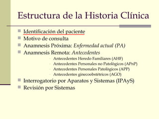 Estructura de la Historia Clínica
 Identificación del paciente
 Motivo de consulta
 Anamnesis Próxima: Enfermedad actual (PA)
 Anamnesis Remota: Antecedentes
- Antecedentes Heredo Familiares (AHF)
- Antecedentes Personales no Patològicos (APnP)
- Antecedentes Personales Patològicos (APP)
- Antecedentes ginecoobstétricos (AGO)
 Interrogatorio por Aparatos y Sistemas (IPAyS)
 Revisión por Sistemas
 