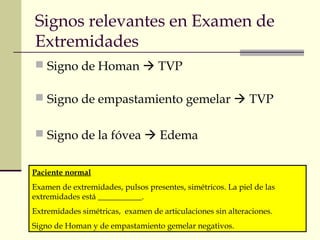 Signos relevantes en Examen de
Extremidades
 Signo de Homan  TVP
 Signo de empastamiento gemelar  TVP
 Signo de la fóvea  Edema
Paciente normal
Examen de extremidades, pulsos presentes, simétricos. La piel de las
extremidades está ___________.
Extremidades simétricas, examen de articulaciones sin alteraciones.
Signo de Homan y de empastamiento gemelar negativos.
 