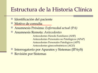 Estructura de la Historia Clínica
 Identificación del paciente
 Motivo de consulta
 Anamnesis Próxima: Enfermedad actual (PA)
 Anamnesis Remota: Antecedentes
- Antecedentes Heredo Familiares (AHF)
- Antecedentes Personales no Patològicos (APnP)
- Antecedentes Personales Patològicos (APP)
- Antecedentes ginecoobstétricos (AGO)
 Interrogatorio por Aparatos y Sistemas (IPAyS)
 Revisión por Sistemas
 