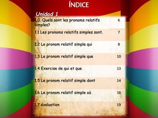 Unidad 1 
1.0. Quels sont les pronoms relatifs 
simples? 
6 
1.1 Les pronoms relatifs simples sont. 7 
1.2 Le pronom relatif simple qui 8 
1.3 Le pronom relatif simple que 10 
1.4 Exercise de qui et que 13 
1.5 Le pronom relatif simple dont 14 
1.6 Le pronom relatif simple où 16 
1.7 évaluation 19 
 