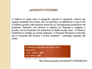 In italiano è usato solo in spagnolo, perché in spagnolo usiamo più 
spesso indefinito (ho amato, ero, ho dormito). La differenza in uso è che 
in italiano questa volta esprime azioni le cui conseguenze persistono nel 
presente. Pertanto, non diremo in italiano ho imparato a leggere a 
scuola, ma ho Imparato (ho imparato) un Nella scuola read . In italiano, 
l'indefinito è limitata al campo letterario. Il Passato Prossimo è formato 
con il presente del Essere o Avere ausiliario + participio passato del 
verbo 
Il participio passato del verbo è la 
seguente: 
-sono Verbi> -ato 
ere Verbi> -uto 
Verbs'll andare> -ito 
http://www.youtube.com/watch?v=5X9Vf6tTp7s 
 
