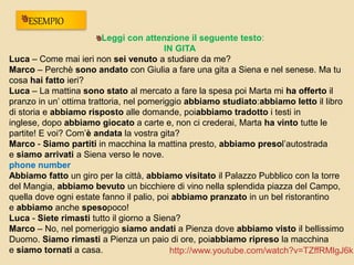 Leggi con attenzione il seguente testo: 
IN GITA 
ESEMPIO 
Luca – Come mai ieri non sei venuto a studiare da me? 
Marco – Perchè sono andato con Giulia a fare una gita a Siena e nel senese. Ma tu 
cosa hai fatto ieri? 
Luca – La mattina sono stato al mercato a fare la spesa poi Marta mi ha offerto il 
pranzo in un’ ottima trattoria, nel pomeriggio abbiamo studiato:abbiamo letto il libro 
di storia e abbiamo risposto alle domande, poiabbiamo tradotto i testi in 
inglese, dopo abbiamo giocato a carte e, non ci crederai, Marta ha vinto tutte le 
partite! E voi? Com’è andata la vostra gita? 
Marco - Siamo partiti in macchina la mattina presto, abbiamo presol’autostrada 
e siamo arrivati a Siena verso le nove. 
phone number 
Abbiamo fatto un giro per la città, abbiamo visitato il Palazzo Pubblico con la torre 
del Mangia, abbiamo bevuto un bicchiere di vino nella splendida piazza del Campo, 
quella dove ogni estate fanno il palio, poi abbiamo pranzato in un bel ristorantino 
e abbiamo anche spesopoco! 
Luca - Siete rimasti tutto il giorno a Siena? 
Marco – No, nel pomeriggio siamo andati a Pienza dove abbiamo visto il bellissimo 
Duomo. Siamo rimasti a Pienza un paio di ore, poiabbiamo ripreso la macchina 
e siamo tornati a casa. 
http://www.youtube.com/watch?v=TZffRMlgJ6k 
 