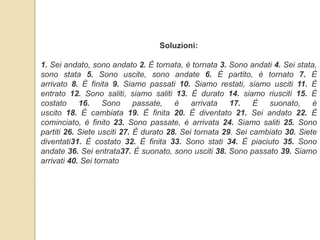 Soluzioni: 
1. Sei andato, sono andato 2. È tornata, è tornata 3. Sono andati 4. Sei stata, 
sono stata 5. Sono uscite, sono andate 6. È partito, è tornato 7. È 
arrivato 8. È finita 9. Siamo passati 10. Siamo restati, siamo usciti 11. È 
entrato 12. Sono saliti, siamo saliti 13. È durato 14. siamo riusciti 15. È 
costato 16. Sono passate, è arrivata 17. È suonato, è 
uscito 18. È cambiata 19. È finita 20. È diventato 21. Sei andato 22. È 
cominciato, è finito 23. Sono passate, è arrivata 24. Siamo saliti 25. Sono 
partiti 26. Siete usciti 27. È durato 28. Sei tornata 29. Sei cambiato 30. Siete 
diventati31. È costato 32. È finita 33. Sono stati 34. È piaciuto 35. Sono 
andate 36. Sei entrata37. È suonato, sono usciti 38. Sono passato 39. Siamo 
arrivati 40. Sei tornato 
 