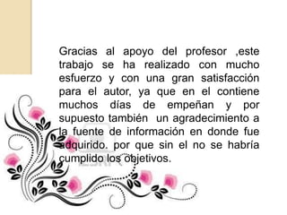 Gracias al apoyo del profesor ,este 
trabajo se ha realizado con mucho 
esfuerzo y con una gran satisfacción 
para el autor, ya que en el contiene 
muchos días de empeñan y por 
supuesto también un agradecimiento a 
la fuente de información en donde fue 
adquirido. por que sin el no se habría 
cumplido los objetivos. 
 
