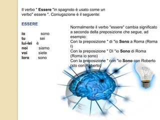 Il verbo " Essere "in spagnolo è usato come un 
verbo" essere ". Coniugazione è il seguente: 
io sono 
tu sei 
lui-lei è 
noi siamo 
voi siete 
loro sono 
Normalmente il verbo "essere" cambia significato 
a seconda della preposizione che segue, ad 
esempio: 
Con la preposizione " di "io Sono a Roma (Roma 
I) 
Con la preposizione " DI "io Sono di Roma 
(Roma io sono) 
Con la preposizione " con "io Sono con Roberto 
(sto con Roberto) 
 