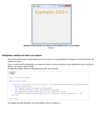 Ejemplo de cómo insertar una cadena de texto gráficamente en un formulario 
Figura 1 
Dibujando cadenas de texto con textura 
Otra particularidad que a estas alturas ya no lo es tanto, es la posibilidad de trabajar con texturas dentro de 
cadenas de texto. 
Como si estuviéramos dibujando una cadena de texto, la única variación es que asignamos como brocha de 
dibujo, una textura determinada. 
El siguiente código, aclarará suficientemente esto que comento. 
Imports System.Drawing 
Public Class Form1 
Protected Overrides Sub OnPaint(ByVal e As System.Windows.Forms.PaintEventArgs) 
MyBase.OnPaint(e) 
Dim Imagen As New Bitmap("c:Flag.bmp") 
Dim TexturaDeFondo As New TextureBrush(Imagen) 
Dim MiFuente As New Font("Arial", 30, FontStyle.Bold) 
e.Graphics.DrawString("Ejemplo GDI+", MiFuente, TexturaDeFondo, 4, 10) 
End Sub 
End Class 
El resultado de este ejemplo, es el que puede verse en la figura 2. 
 