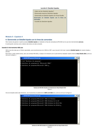 Módulo 5 - Capítulo 4 
4. Generando un DataSet tipado con la línea de comandos 
Otra manera de generar nuestros propios DataSets tipados es mediante la línea de comandos de MS-DOS con el uso de la herramienta xsd.exe. 
A continuación veremos como realizar esta tarea con este comando. 
Usando la herramienta XSD.exe 
XSD no es otra cosa que un fichero ejecutable, que encontraremos en el SDK de .NET y que nos perm tirá crear nuestros DataSet tipados de manera rápida y 
sencilla. 
Para llevar a cabo nuestra tarea, abra una ventana MS-DOS y s túese en el directorio en el cuál tenemos instalado nuestro entorno Visual Studio 2010, como se 
ind ca en la figura 1. 
Ventana de MS-DOS situada en el directorio de Visual Studio 2010 
Figura 1 
Una vez situados sobre este directorio, nos moveremos al subdirectorio SDKv2.0Bin tal y como se ind ca en la figura 2. 
Ventana de MS-DOS situada en el subdirectorio Bin de Visual Studio 2010 
Figura 2 
 