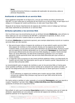 Nota: 
Cuando eliminamos ficheros o carpetas del explorador de soluciones, estos se 
eliminan físicamente. 
Analizando el contenido de un servicio Web 
Como podemos comprobar en la figura 6.6, una vez que hemos cerrado la directiva de 
ASP.NET 2.0 que indica que el contenido de ese fichero es un servicio Web, lo que sigue es el 
código en el lenguaje de nuestra preferencia, en este caso Visual Basic (VB). 
Después de las típicas importaciones de espacios de nombres viene el código que hará que 
esta clase realmente se convierta en un servicio Web. 
Atributos aplicables a los servicios Web 
Con lo primero que nos encontramos es con un atributo llamado WebService, este atributo no 
tiene nada que ver con la directiva de ASP.NET y realmente es opcional, es decir, no es 
necesario para convertir nuestra clase en un servicio Web. 
El atributo WebService es totalmente opcional, pero siempre deberíamos incluirlo en nuestros 
servicios Web, por dos razones: 
Nos servirá para indicar el espacio de nombres en el que estará nuestro servicio Web. 
Este espacio de nombres no tiene relación directa con los espacios de nombres de 
nuestras clases, ya que solo se utiliza para identificar los servicios Web. Aunque al igual 
que los espacios de nombres declarados con la instrucción Namespace de Visual Basic, 
servirá para diferenciarlos de otros servicios Web alojados en nuestro mismo servidor 
Web o en otros diferentes, de esta forma evitaremos conflictos si en una misma 
aplicación cliente queremos tener dos servicios Web diferentes pero que utilizan el 
mismo nombre. 
1. 
La segunda razón es porque en ese mismo atributo podemos indicar una descripción de 
nuestro servicio Web. Esa descripción será la que se muestre cuando "descubramos" un 
servicio Web utilizando UDDI. 
2. 
La recomendación para el espacio de nombres a usar en los servicios Web, al menos para 
evitar posibles conflictos, es darle el mismo nombre de la ubicación de nuestro servidor, ya 
que así nos aseguramos que no existirá otro sitio Web que se llame igual que el nuestro. 
Nota: 
Si no indicamos un espacio de nombres para nuestro servicio Web, ASP.NET 
utilizará por defecto http://tempuri.org/ que es el que VWD utiliza de forma 
predeterminada. 
Por tanto vamos a cambiar el valor asignado a la propiedad Namespace, para que apunte a 
nuestro "hipotético" servidor Web: http://miServidorWeb.com/ServiciosWeb/, 
quedando el atributo de la siguiente forma: 
<WebService(Namespace:="http://miServidorWeb.com/ServiciosWeb/")> 
Para añadir el valor que la propiedad Description tendrá, lo haremos como con el resto de 
atributos: separándola con una coma del contenido del espacio de nombres, tal como 
podemos apreciar en el siguiente código: 
<WebService(Namespace:="http://miServidorWeb.com/ServiciosWeb/", _ 
Description:="¡Mi primer servicio Web para saludar al mundo!")> 
 