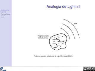 Analogia de 
Lighthill 
Premissas B´asicas 
Deduc¸ ˜ao 
Lei v8 
Analogia de Lighthill 
Problema previsto pela teoria de Lighthill (Howe (2002)). 
 